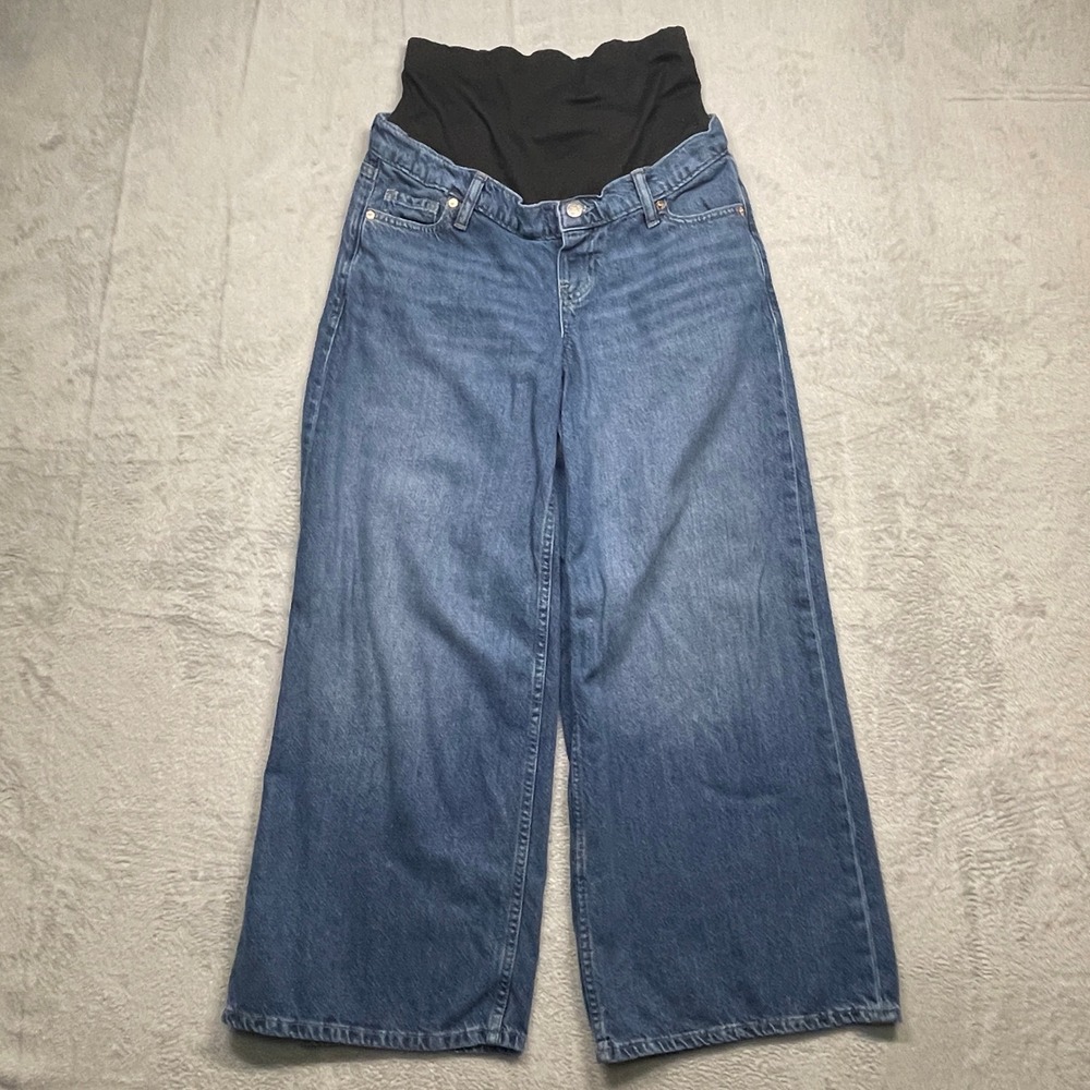 Gap Maternity Jeans Women 27/4 Short Blue Wide Leg Full Belly Panel